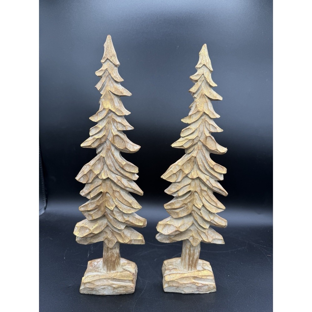 🎄 Fennco Styles Gold Resin Wood Look Christmas Trees Set of 2 Decor 14" ✨